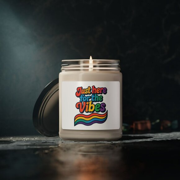 Just Here for the Vibes Candle | 9oz Soy Jar, Retro Rainbow Typography - Picture 3 of 4